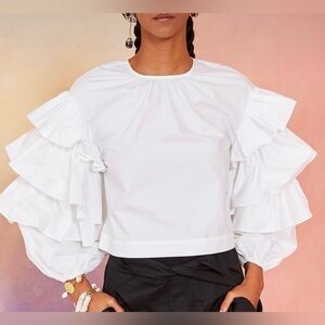 Ulla Johnson Tulia Tiered Ruffle Sleeve Crisp Ivory White Cotton Top